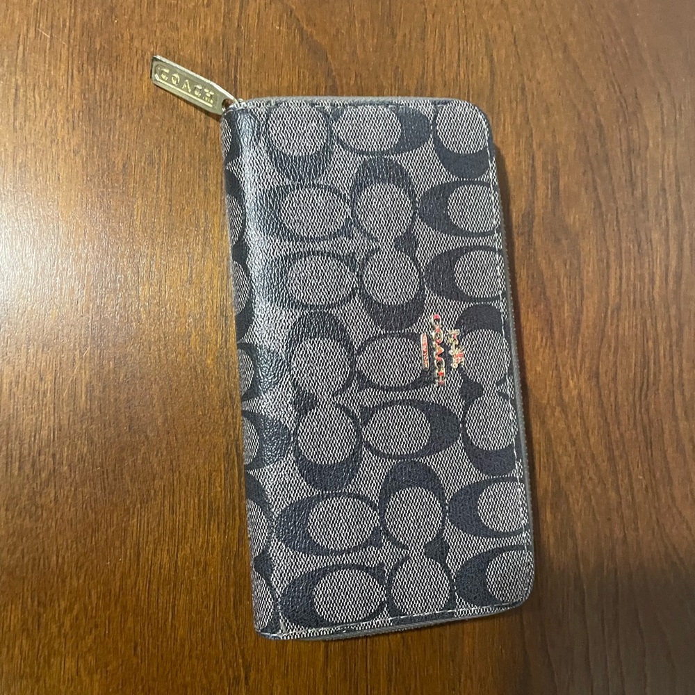 Coach Signature Zip Wallet in Black and Gray
